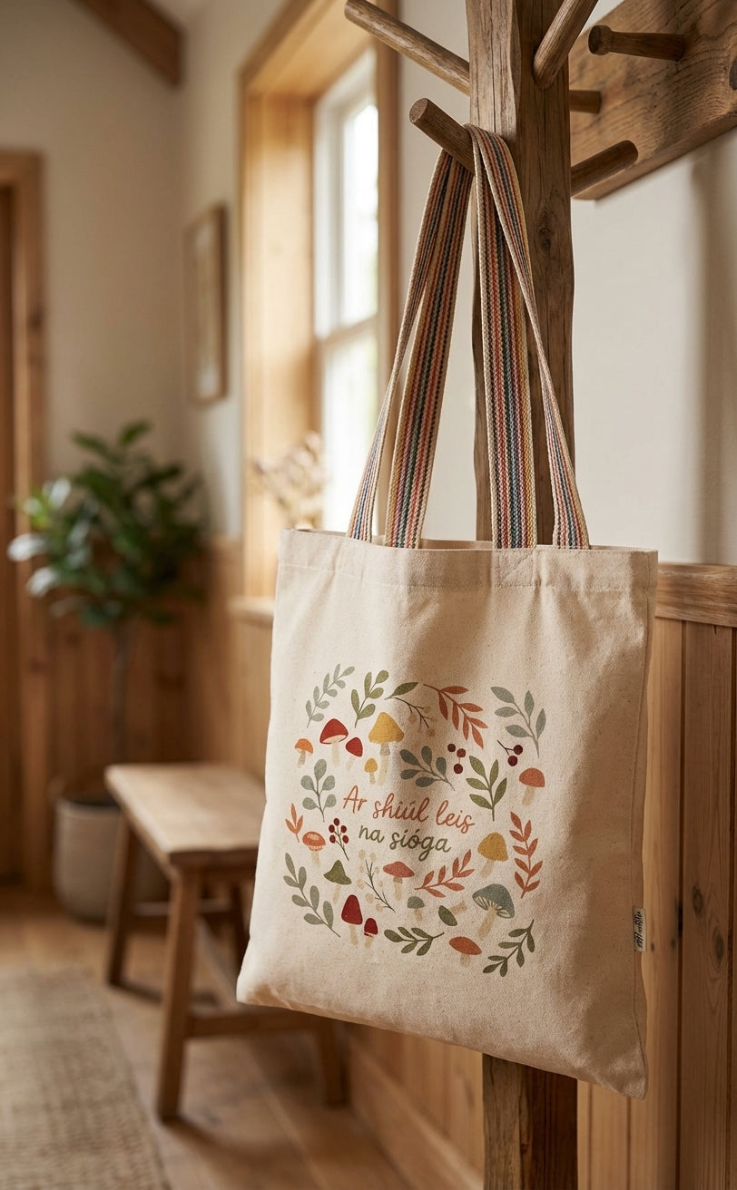 Ar shiúl leis na sióga tote bag hanging on a wooden coat rack in a warm Irish hallway.
