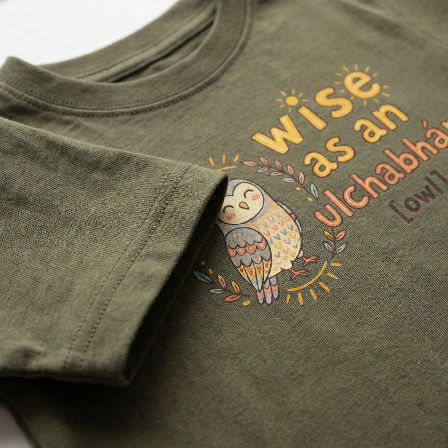 Close-up detail of owl illustration on olive t-shirt