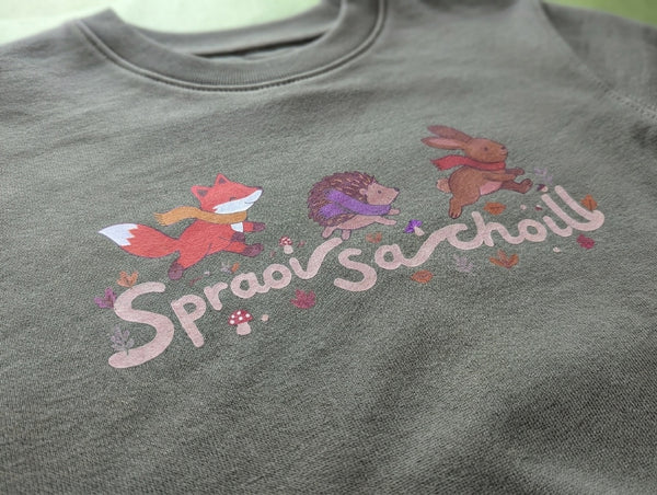 Close-up detail of spraoisachoill illustration on khaki sweatshirt