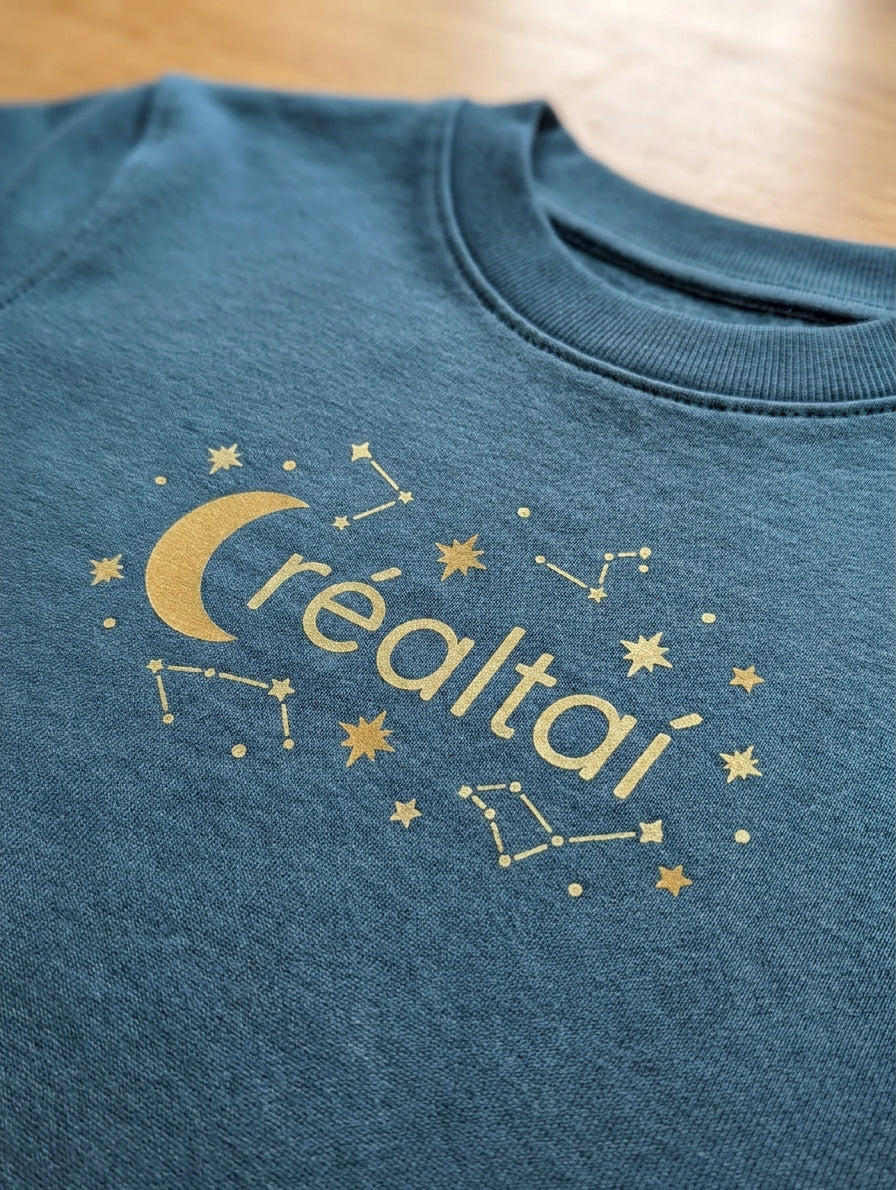 Close-up detail of stars design on twilight blue sweatshirt
