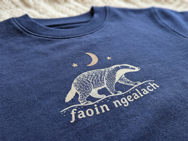 Close-up detail of faoin-ngealach illustration on navy sweatshirt