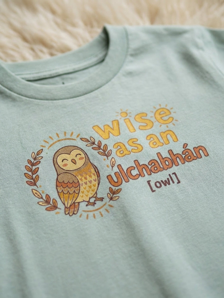 Close-up detail of owl illustration on seafoam t-shirt