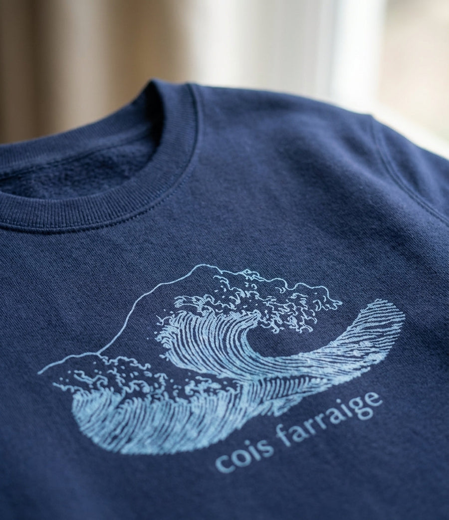 Close-up detail of wave design on navy sweatshirt