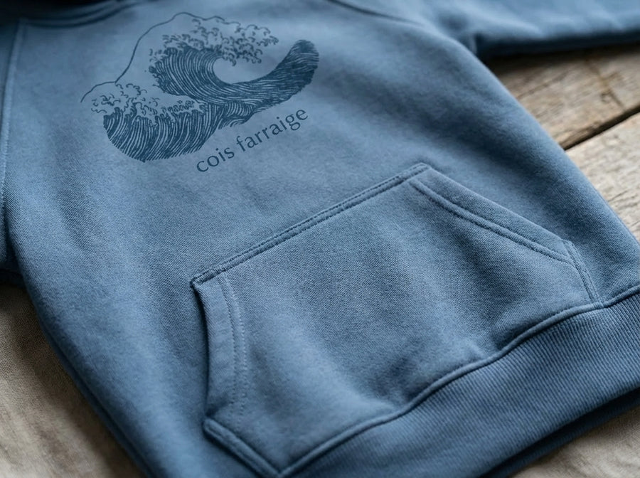 Close-up detail of wave illustration on blue hoodie
