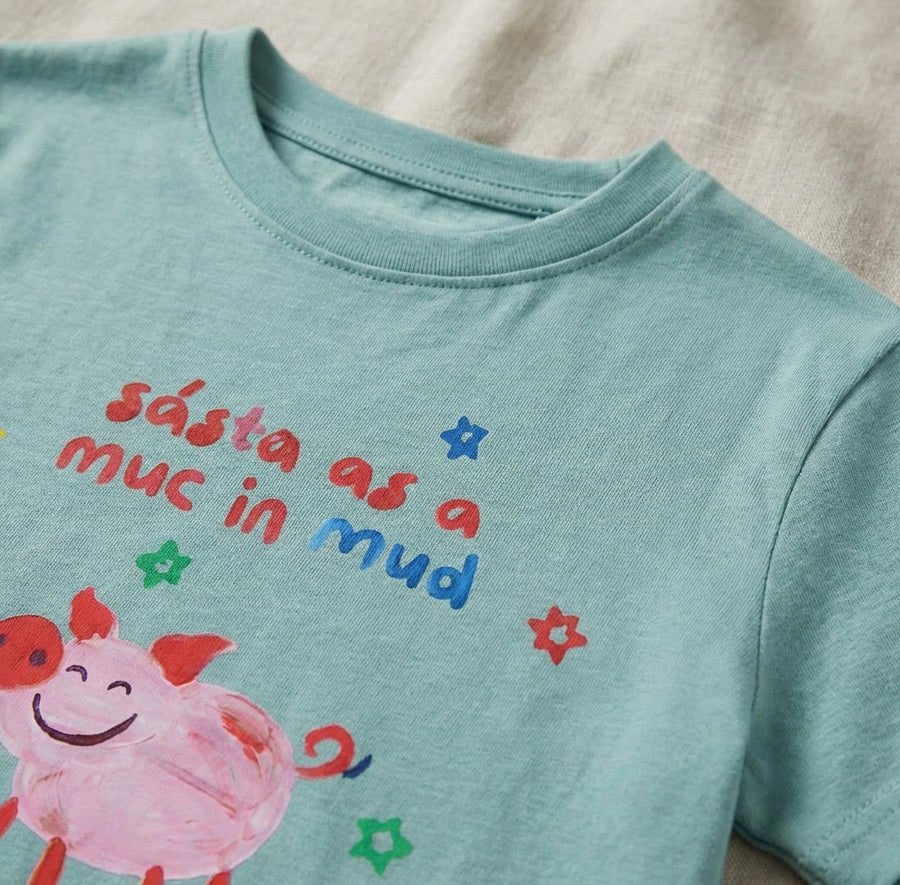 Close-up detail of pig illustration on teal t-shirt